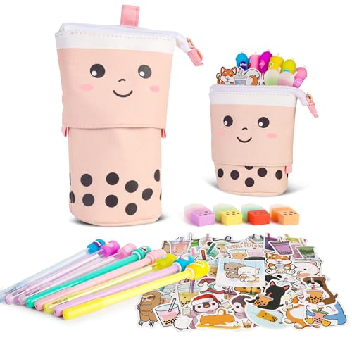 Primo Lines Stationary Set - Cute Stationary Set Pop Up Pencil Case, Kawaii Stationary Set comes with 1 Pop Up Boba Pencil Case Pink or Brown, Unicorn Pencil Case Unicorn Stationary Set For Girls