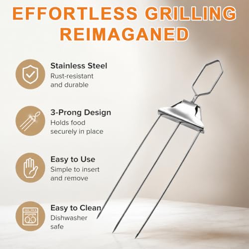 3 Prong Kabob Skewers for Grilling Set, 14.7" Stainless Steel Metal BBQ Skewers with Push-Off Slider, Silicone Basting Brush & Storage Bag, Reusable Shish Kabob Skewers for Meat & Vegetables by Generic - Used condition - Image 5