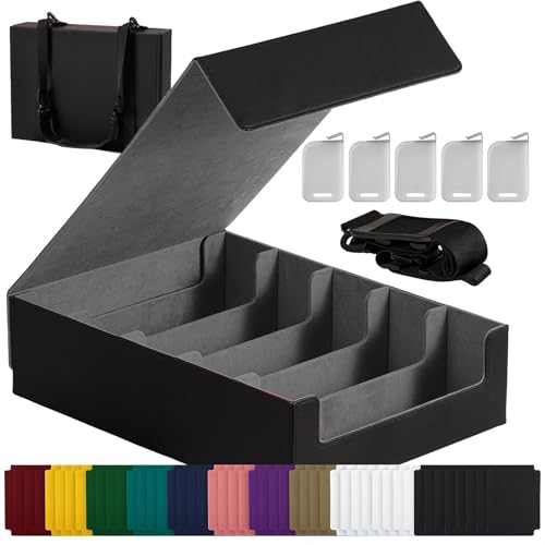 Scimi Premium 5-Row Trading Card Storage Box Holds 3800+ Unsleeved Cards PU Leather TCG Card Organizer with Shoulder Strap Dividers and Card Stoppers for MTG Sports Cards & Collectors Black