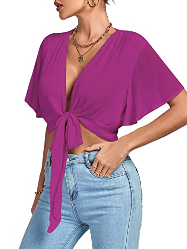 Image of LYANER Women's Sexy Deep V Neck Tie Front Wrap Cropped Blouse Bell Short Sleeve Ruffle Crop Tops