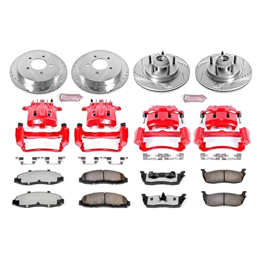 Image of PowerStop Front and Rear Brake & Caliper Kit for Ford F-150 2000-03 |F-150 Heritage 2004 - Drilled & Slotted Disc Rotors + Z36 Brake Pads + Red-Powder Coated Calipers, KC1915-36