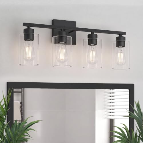 Image of 4 Light Bathroom Vanity Light - Matte Black Bathroom Light Fixtures UL Certification, Round Light Fixture Over Mirror, Farmhouse Light Fixtures for Bathroom & Bedroom