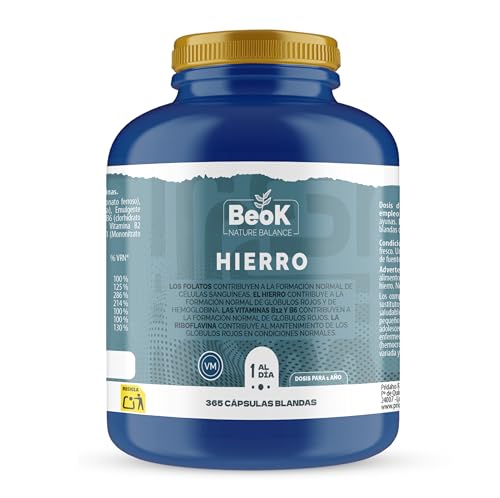 BEOK – Hierro – 365 Cápsulas Blandas – Con Vitaminas B1, B2, B6, B12, Niacina y Ácido Fólico – Suplemento para la Formación de Glóbulos Rojos – 1 Año de Suministro