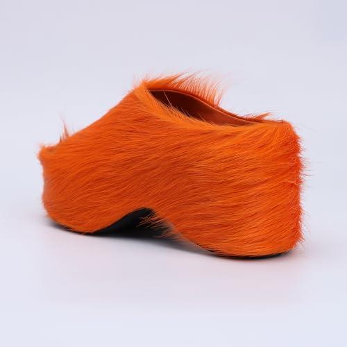 Image of XOBZJH Long-Hair Calfskin Chunky Clog Slide for Women - Memory Foam Luxury Slip on Shoes Women's Mules & Platform Clogs,Designer Mules for Women 2025