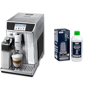 De'Longhi PrimaDonna Elite Experience ECAM 656.85.MS Kaffeevollautomat mit LatteCrema Milchsystem, Cappuccino, App-Steuerung, Trinkschokoladenfunktion, Edelstahlfront, silber mit DLSC 500 Entkalker
