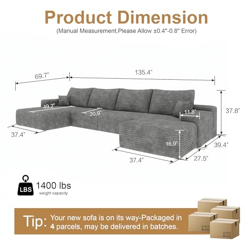 Image of 96 inch Sectional Couches for Living Room Cloud Couch Sofa with L-Shape Upholstered Boneless Couchs Modern Modular Sectional Couch with Chaise