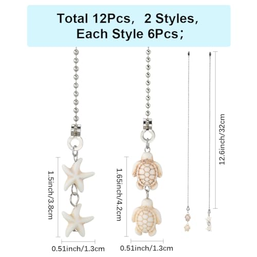 Image of CRASPIRE 12Pcs 2 Styles Sea Turtle Ceiling Fan Pull Chain Synthetic Turquoise 14.17 Inch Starfish Summer Ocean Hanging Charm Ornament Fan Ball Chain Extender Danglers for Ceiling Fan Light Lamp Decor