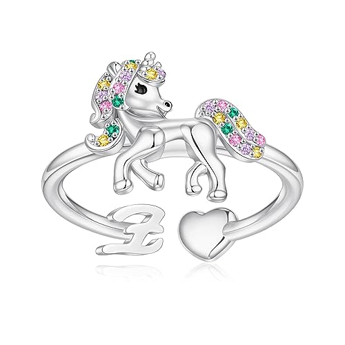 Unicorn Initial Rings for Teen Girls, Rose Gold/White Gold Plated Heart Initial Rings for Girls Adjustable Stackable Rings for Women Diny Heart Ring for Teen Girls Gifts Unicorns Gifts for Girls