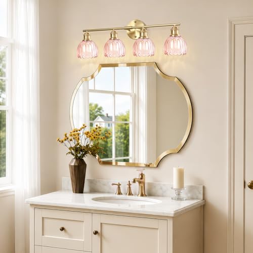 Image of Bathroom Light Fixtures, 4-Light Brushed Gold Vanity Lights for Bathroom with Pink Tulip Glass Shade, 26 inch Vintage Bathroom Vanity Lighting Fixtures Over Mirror for Bedroom Living Room Hallway