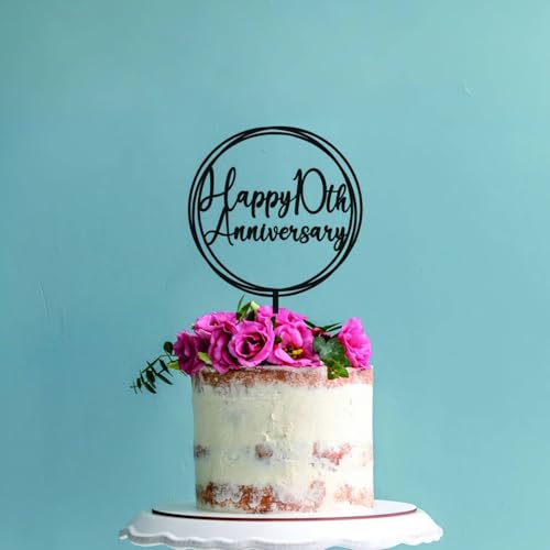 Happy 10th Anniversary Cake Toppers- Acrylic Black Wedding Anniversary Party Decorations, Birthday Party Decorations, Company Anniversary Party Supplies (10TH)