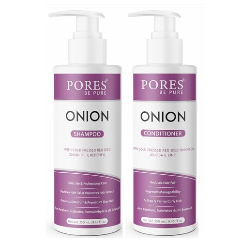 Image of PORES Be Pure Onion Shampoo and Conditioner Combo for Hair Growth & Hair Thickness | Sulfate & Paraben Free | Anti-Dandruff, Hair Fall Control, Deep Nourishment for Dry & Damaged Hair | Unisex Formula ( 250 ml X 2 )