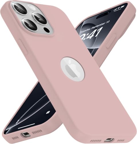 Image of Elzzi Microfiber Logo Cut Cover Compatible for iPhone 15 Pro Case Liquid Silicone Cases Full Body 4 Layer Protective Covers Shockproof Back Cover with High Raised Camera Lips- Sand Pink