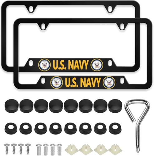 Image of 2PCS License Plate Frames for U.S.Navy,Car License Plate Bracket Holder, Premium Aluminum Alloy Weather Proof License Plate Covers with Screw Caps Cover Set Car Accessories