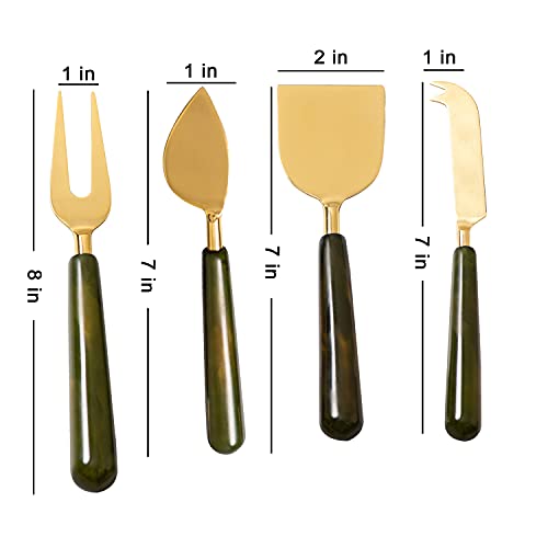 Image of nestroots Cheese Knives Set of 4 Pieces |Cheese,Pizza Cutting & Serving Set with Knife | Heart Knife, Chisel Knife, Serving Fork, Soft Cheese Knife | Stainless Steel with Resin Handles (Gold & Green)