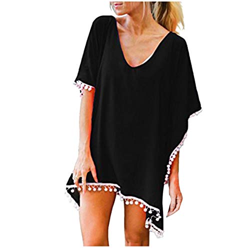 Robe de Plage pour Femmes, Bikini Cache-Maillots,Grande Taille Paréo de Plage pour Maillot de Bain, Bikini Cover Ups Chic Loose Pompon Robe Eté Plage Couvrir, Mousseline De Couverture De Soie Cover