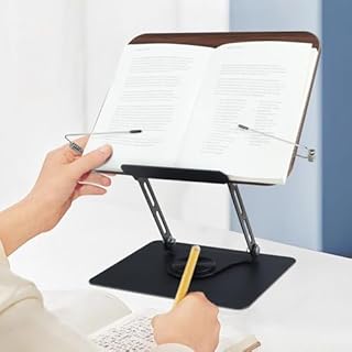 Comfoyar Leggio per Libri Regolabile per Lettura, Porta Libri Pieghevole con Base Girevole 360° e Clip Elastiche Pagine, Supporto per Libri di Cucina in Legno per Ricetta Tavoletta Spartito Musicale