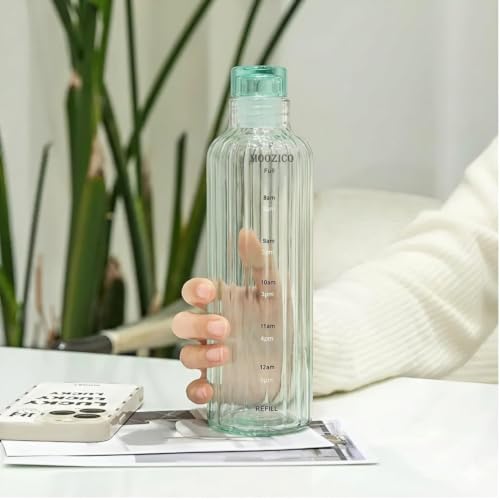 Image of Glass Water Bottle for Adults, Student Direct Drinking Freezer Safe, Leak Proof, Gym Travel On-The-Go Hotel-Style Design Borosilicate Glass Water Bottle With Time Marker (Green Lining)