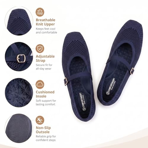 Image of Frank Mully Womens Casual Flat Shoes Square Toe Shoes Knitted Mesh Flat Comfort Work Flat Shoes for Daily Washable
