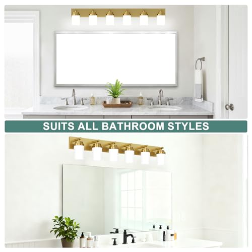 Image of IZORRO Bathroom Vanity Light Fixture, 6-Light 46 Inch Gold Bathroom Light Fixtures Over Mirror, with White Glass Shade, Modern Farmhouse Vanity Lights, Rustic Restroom Lighting Fixtures