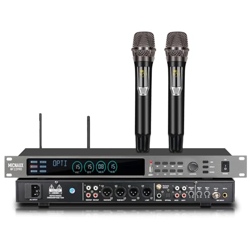 MICNAUX Digital Karaoke Processor KTV Mixer, Professional Pre-Stage Effector Audio Vocal Effects Processor Dual Wireless Microphones System with DSP Anti-Howling USB Bluetooth Optical Input (Silver)