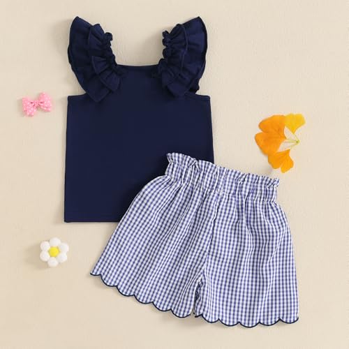 Toddler Baby Girl Summer Outfit Bow Embroidery Short Sleeve T-Shirt Plaid Ruffle Shorts Set Little Girls Clothes4