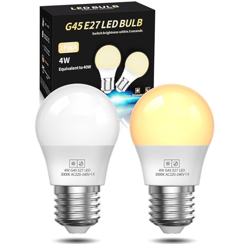 BrightArk 2 Stück 4W E27 G45 LED Leuchtmittel, Glühbirne E27 3000K Warmweiß, 4W E27 Mini Globe Glühbirne Ersetzt 40W, 2 in 1 LED Birne 400LM/50LM Nicht Dimmbar für Nachtlicht, Kinderzimmer