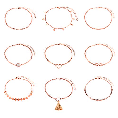 NVENF 9Pcs Ankle Jewelry Lady Girls Anklet Bracelets Adjustable Beach Anklet Foot Jewelry Set (Rose Gold 9pcs)