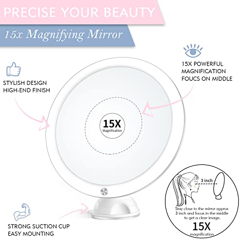 15X Magnifying Mirror With Light & Tweezers - Lighted Makeup Mirror With Strong Magnification For Precise Makeup, Plucking, Lighted Magnified Mirror W/Suction Cup For Bathroom, Dual Power , 8" #TOP1