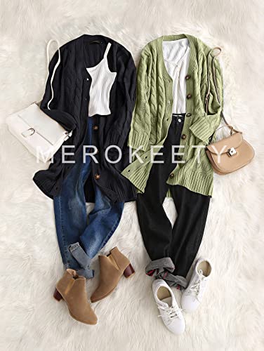 Merokeety Womens Long Sleeve Cable Knit Long Cardigan Open Front Button Sweater Outerwear Black #TOP3