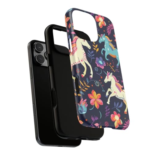 Coque iPhone 16 Pro Max bleu rigide mate motif floral et licorne colorée - 3