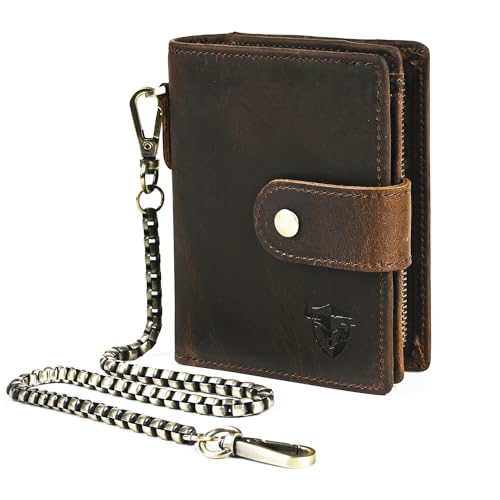 Oil Wax Genuine Leather Travel Gift Coin Pocket Card Case Vertical Chain Rfid Wallet Purse With Snap For Men Male 1804 (1804 Dark Brown)