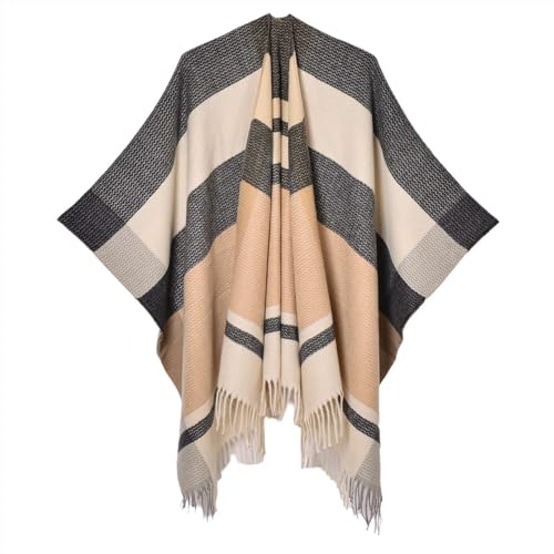 GIBZ Poncho Cape Shawl for Women Contrast Striped Tassels Shawls Wrap Open Front Winter Warm Sweater Ponchos