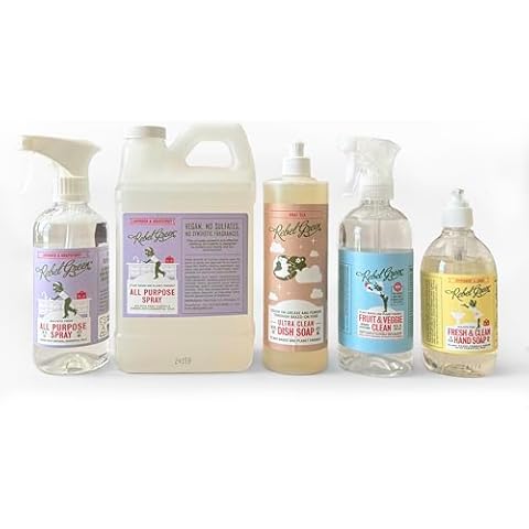 Rebel Green Complete Home Care 5 Pack Gift Set - Includes Natural Fruit & Veggie Wash, Hand Soap, Dish Soap, All Purpose Cleaner 16oz, & All Purpose Cleaner 64oz - Natural Household Cleaning Products Cover