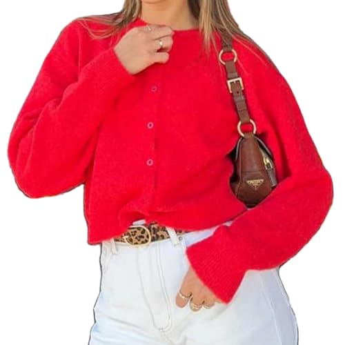 Image of Women Knit Cropped Cardigan Tops Long Sleeve Button Down Lightweight Bolero Sweater Tops