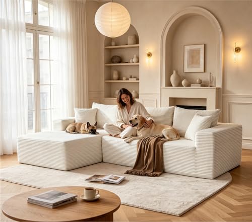 Image of Mangodan 110 inch Cloud Sectional Couch, Modular Sectional Sofa for Living Room, Boneless Sofa with Deep Seat, Comfy Fluffy Couch with L-Shaped Chaise, No Assembly Required (Left-Facing Chaise, Beige)