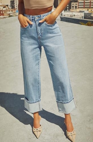 loveimgs Women Casual High Waisted Wide Leg Cuffed Jeans Boyfriend Flare Denim Pants Roll Up Unity Cargo Jeans3