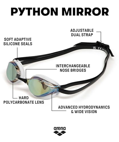 Image of ARENA Unisex Python Racing Swim Goggles for Men and Women Anti-Fog No Leak Max Comfort Dual Strap, Mirror /Non-Mirror Lens