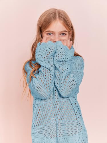 Image of Batermoon Girls Crochet Long Sleeve Swimsuit Cover Up Kids Fashion Hollow Out Swimwear Beach Dress 5-14 Years