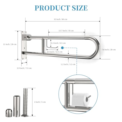 Image of Toilet Grab Bar 22.4 Inch Chrome, Munzong Anti-Slip Handicap Grab Bars with Paper Holder, Flip-Up Bathroom Safety Rails, Stainless Steel Knurled Support handrails for Seniors Elderly Disabled Pregnant