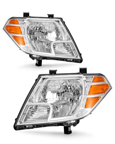 Headlight Assembly Compatible with Nissan 2009-2021 Frontier 4-Door Sedan Chrome Housing Amber Reflector Halogen Headlights Driver And Passenger Sides (Bulbs Not Included)W/O Bulbs
