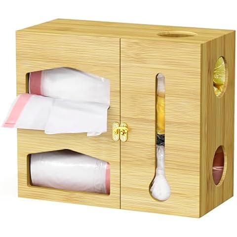 3-in-1 Extra Large Trash Bag Dispenser Roll Holder and Grocery Bag Holder,Bamboo Garbage Bag Dispenser Holder,Wall Mounted Kitchen Plastic Bag Holder for Cabinet Under Sink Organizers and Storage Cover