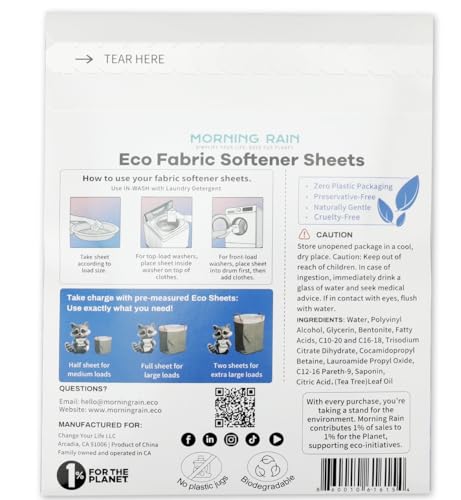 Image of MorningRain Eco Fabric Softener Sheets for Washing Machine - Fragrance-Free, Preservative-Free, Ultra-Concentrated - 5 Sheets for Up to 10 Loads, Anti-Static, Reduces Wrinkles, Softens Clothes