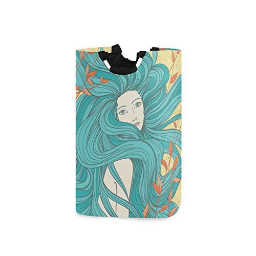Wäschesack Schöne Meerjungfrau Streaming Haar Hand gezeichnet Großer Faltbarer Wäschekorb,zusammenklappbarer Wäschekorb,zusammenklappbarer