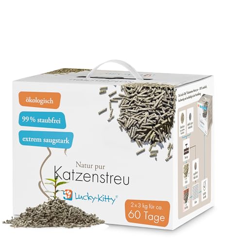 Lucky-Kitty Katzenstreu Klumpstreu, ökologisch I Staubfrei & klumpend, hochsaugfähig & geruchsneutralisierend I Allergiker-freundliche Streu mit Duft, in Toilette entsorgbar (4X 6kg für 240 Tage)