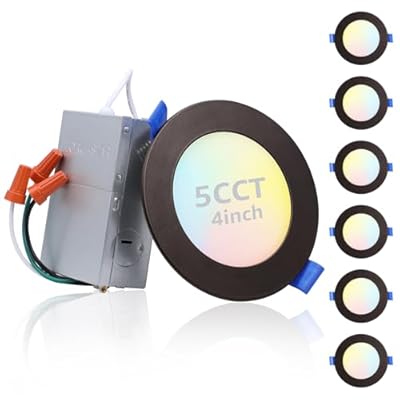 TORCHSTAR 4 Inch 5CCT Slim Recessed Lighting with J-Box, Ultra-Thin LED Recessed Light, Aluminum Dimmable Canless Downlight, ETL&ES, 2700K/3000K/3500K/4000K/5000K, Oil Rubbed Bronze, Pack of 6