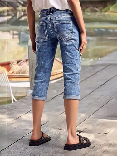 Flamingals High Rise Capri Jeans for Women Roll Hem Straight Leg Jeans Wash Distressed 90s Trendy Denim Capris2