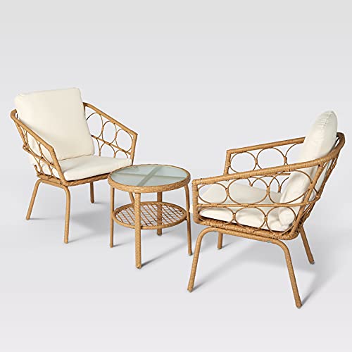 3 Pieces Patio Wicker Conversation Chair Set,Outdoor Furniture Seating with Table & Cushions for Porch,Backyard and Garden-Natural