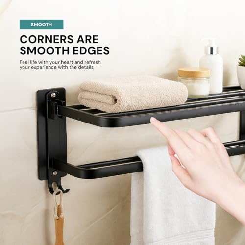 Image of MIORAH 24 Inch Powder - Coated Aluminium Towel Rack with Hooks - Rust - Free, Space - Saving Bathroom Towel Holder, Easy Installation Black