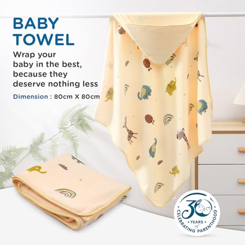 Image of Mee Mee Hooded Baby Bath Towel for New Born | Wash Cloth, Quick Absorbent, Used for Baby Swaddling, Extra Soft Cotton Towel for Kids /Toddlers /Infants /Babies, Pack of 1, (Orange Deer /Elephant) 80X80 CM