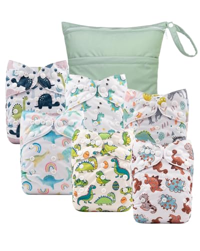 Image of babygoal Cloth Diaper Covers 6 Pack with Wet Bag for Fitted Diapers and Prefolds with Double Gussets, Adjustable and Reusable for Baby Boys and Girls